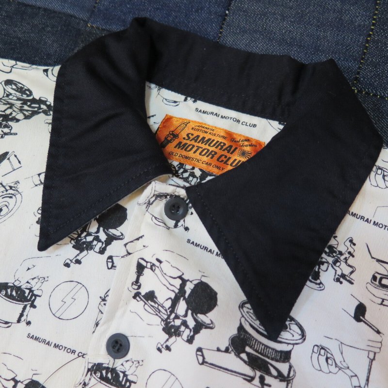 画像4: 【サムライモータークラブ】  パーツ柄 半袖オープンシャツ  SAMURAI MOTOR CLUB SMWS18-JP  日本製【日本国内送料無料】  【WORLD WIDE SHIPPING】 【SALE】 【Samurai Motor Club】 Parts Pattern Short Sleeve Open Shirt SAMURAI MOTOR CLUB SMWS18-JP Made in Japan (4)