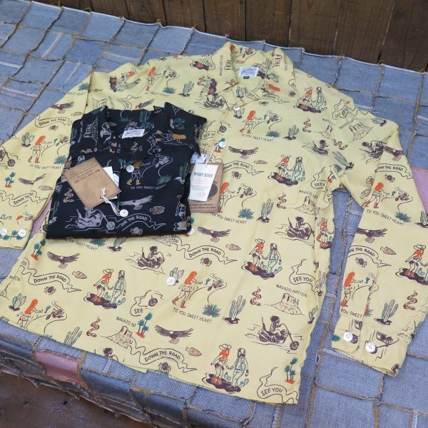 画像1: 【ウエストライド】   スーベニール バイカー 総プリント長袖レーヨンシャツ   WEST RIDE 日本製【送料無料】 (1)