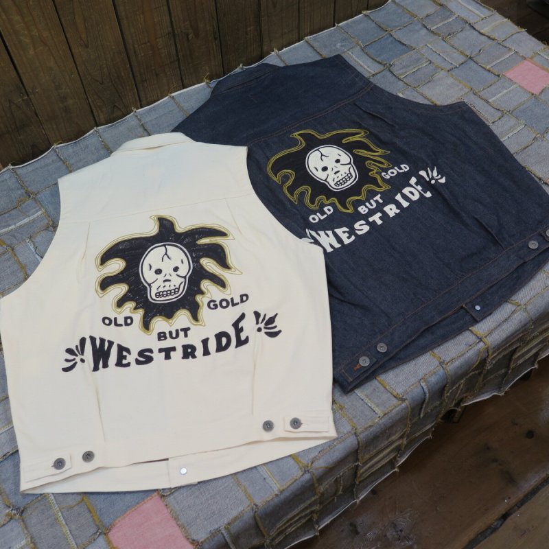 画像1: 【ウエストライド】   ゴーストベスト   ナチュラル/インディゴ チェーン刺繍   WEST RIDE 日本製【送料無料】 (1)